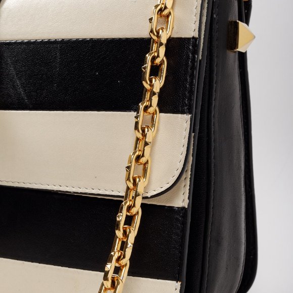 Valentino Garavani Striped Black and Ivory B-Rockstud Flap Bag - Picture 7 of 14